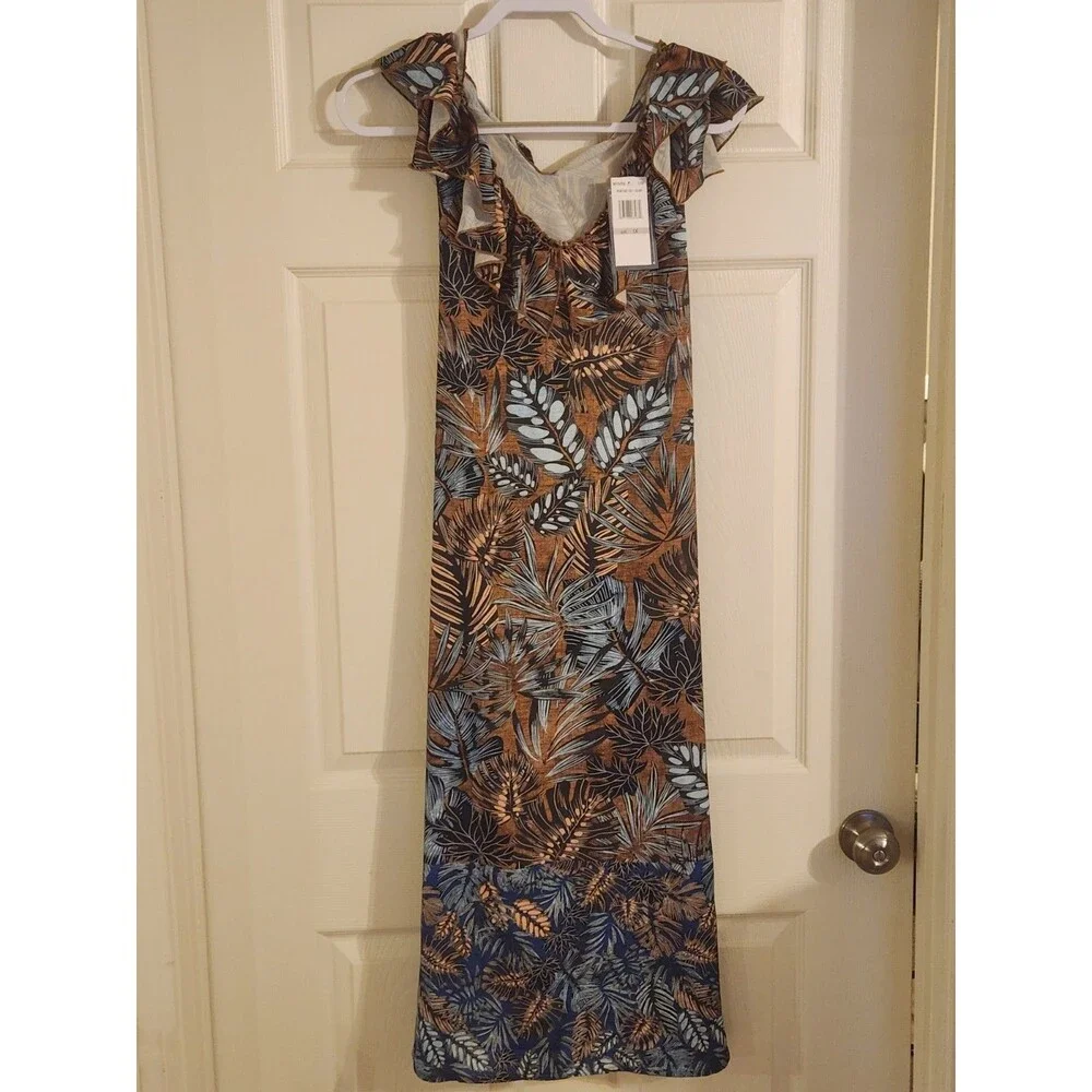 Democracy NWT Size 1X Double Ruffle V Neck Leaf Print Woven Tank Dress